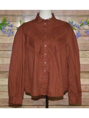 Ladies L Brown Vintage Retro High Neck Pintuck Long Sleeve Blouse Lace Cotton